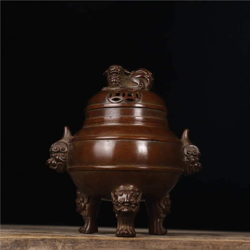 精品典藏苏工精炼铜兽耳狮钮熏炉铜器古玩家居书房客厅摆件