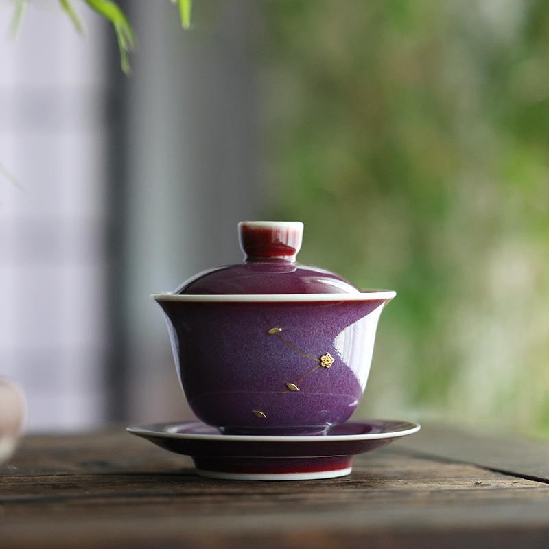 窑变钧瓷手工锔钉盖碗钧窑三才盖碗单个陶瓷功夫泡茶杯敬茶杯茶碗