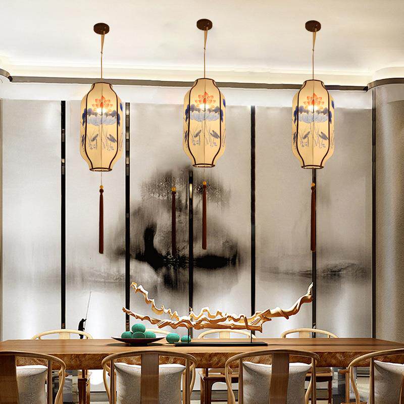 新中式小吊灯布艺仿古典创意手绘长形灯笼火锅店餐厅茶楼饭店灯具