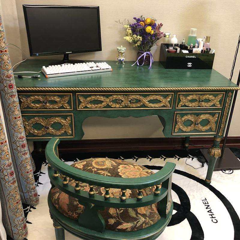 美式乡村实木书房书桌简约台式办公桌椅孔雀绿写字台电脑桌家用