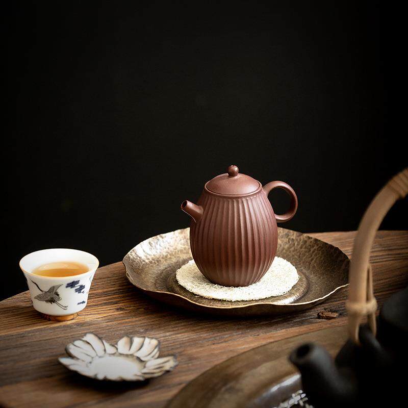 日式锤纹壶承建水干泡盘手工纯铜荷叶茶盘茶壶底座茶道配件壶托