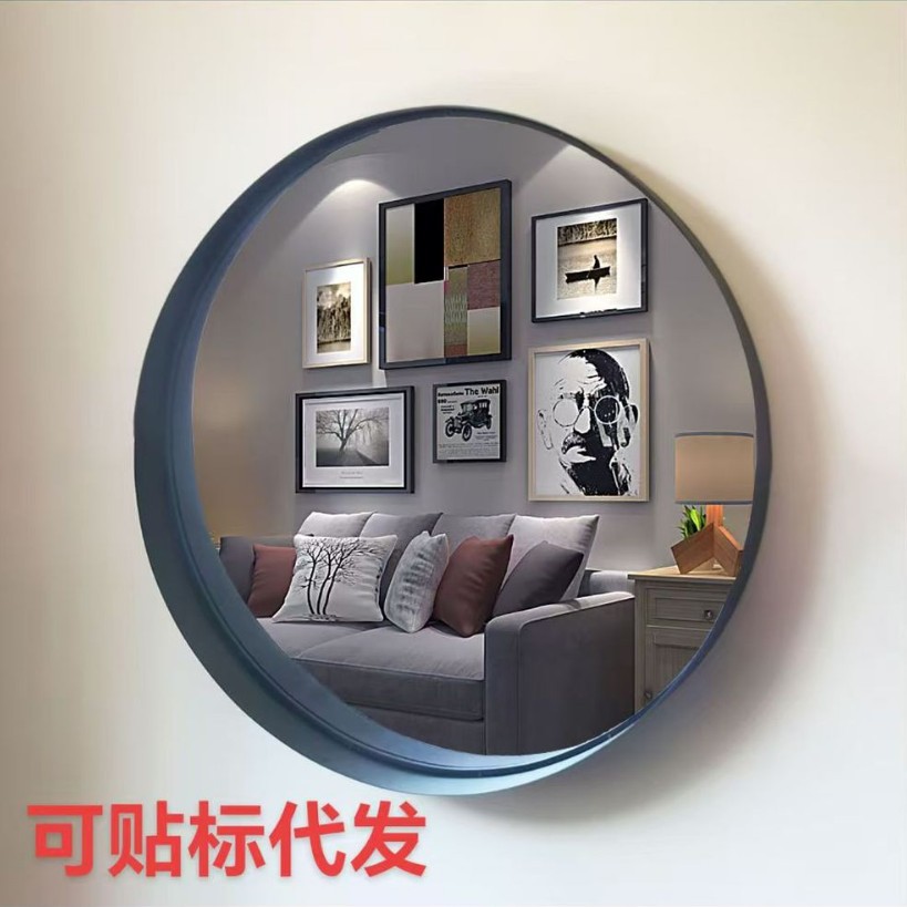 北欧壁挂式梳妆镜铁艺大圆镜方置物架镜百搭各种装修宾馆浴室镜