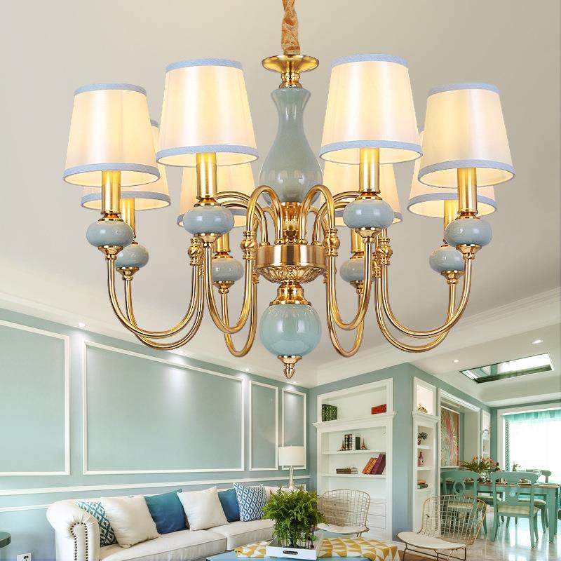 美式客厅吊灯简欧铁艺陶瓷餐厅布艺复古卧室矮吸吊两用防尘吊灯饰