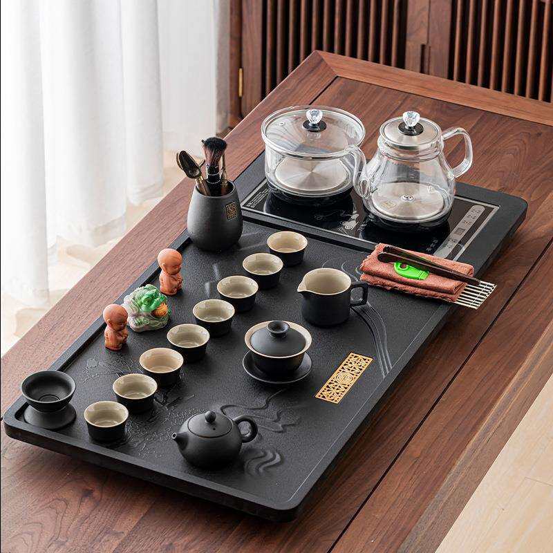 茶具套装家用整套石材茶台石头茶盘功夫底部上水四合一玻璃烧水壶