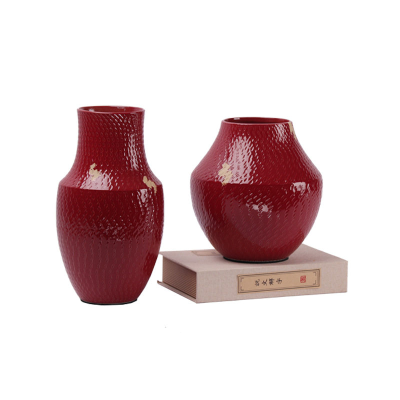 现代红色花瓶插花花器青花瓷摆件客厅茶几书房样板房售楼处装饰品