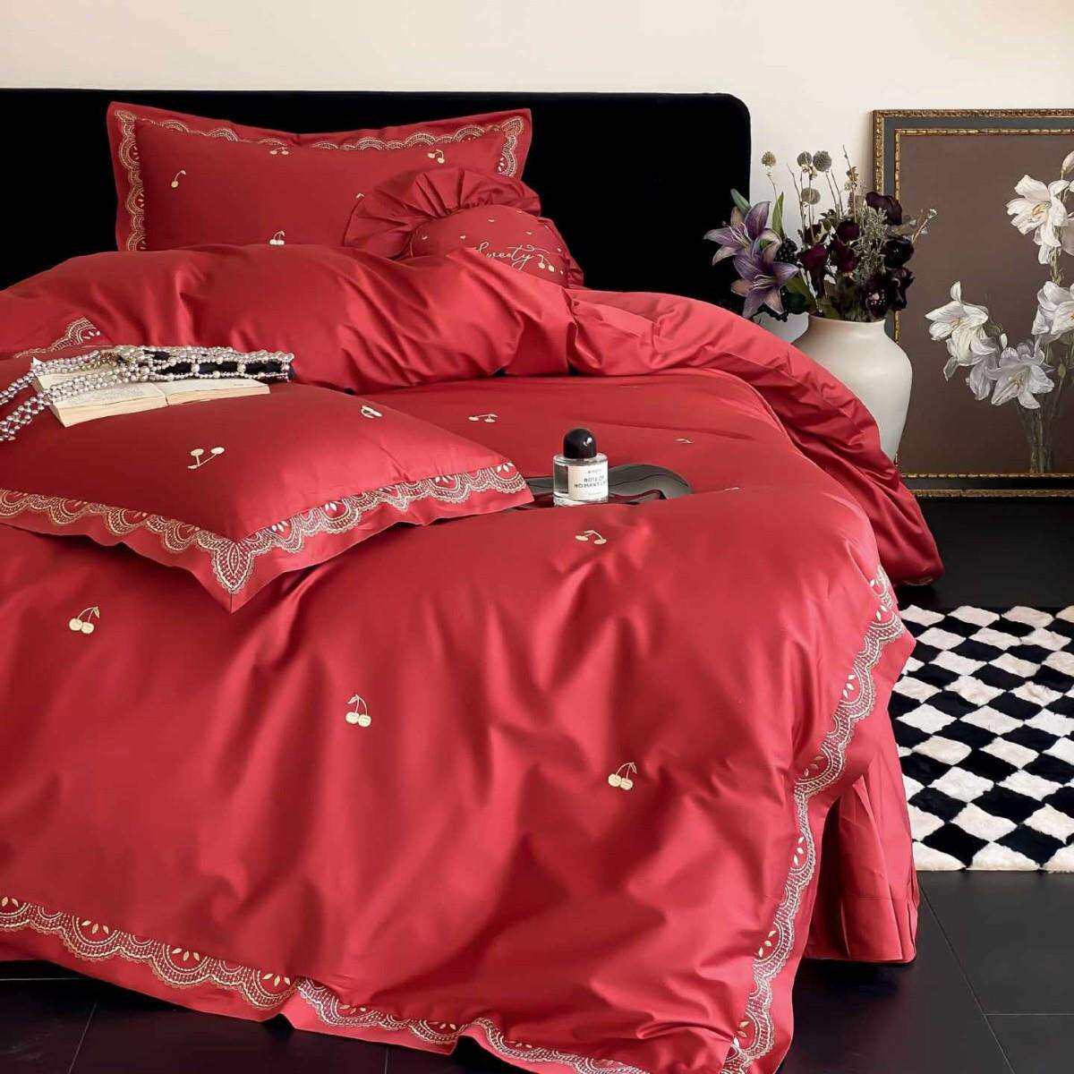 少女心浪漫婚庆长绒棉四件套唯美红色樱桃刺绣被套床品结婚