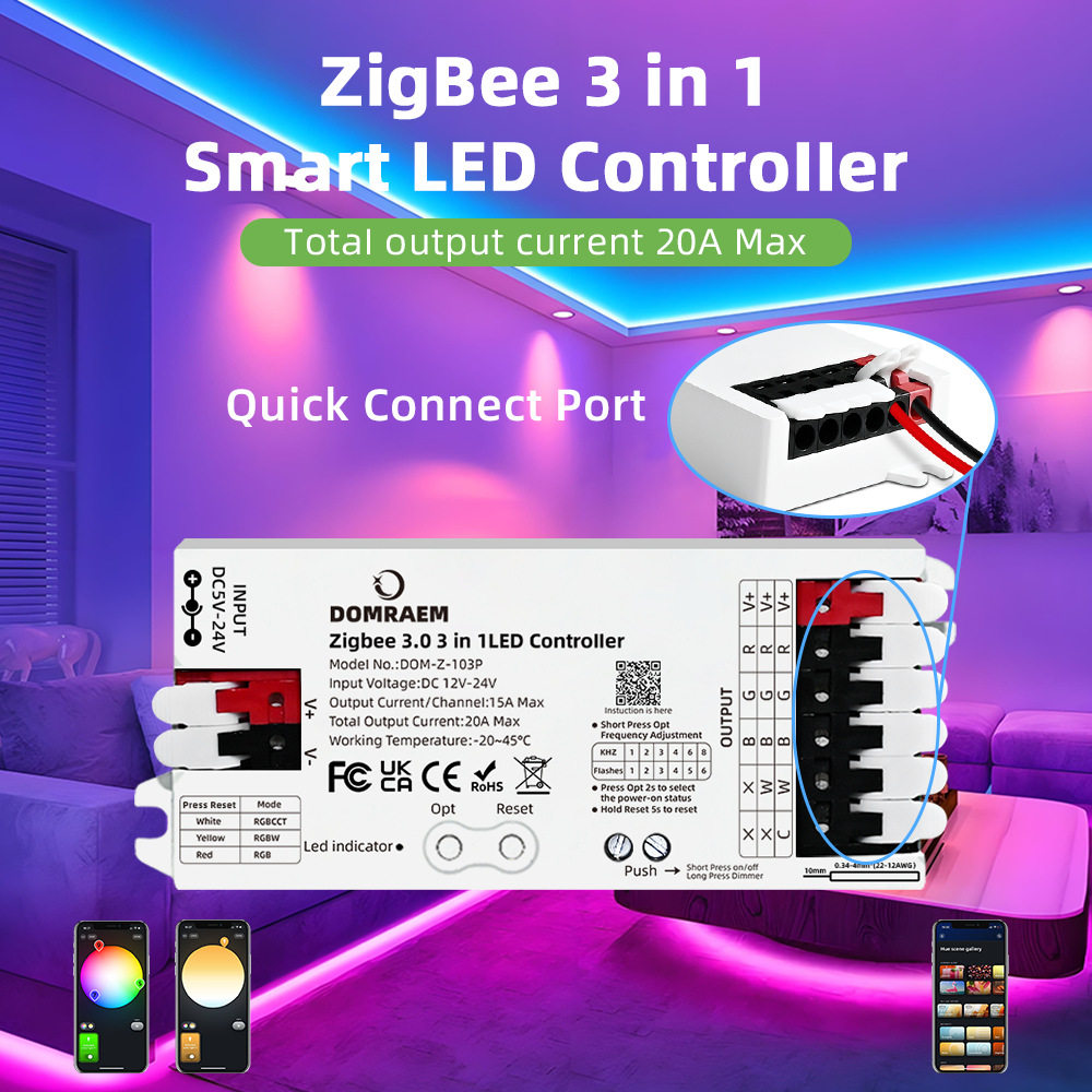 Zigbee3.0+2.4GRGBRGBWRGBCCT三合一控制器20A兼容Hu*eHA调光灯带