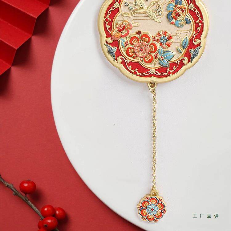 陕历博金鸾宝相古风博物馆文创镜带皮套结婚圆镜子手持化妆镜盒装