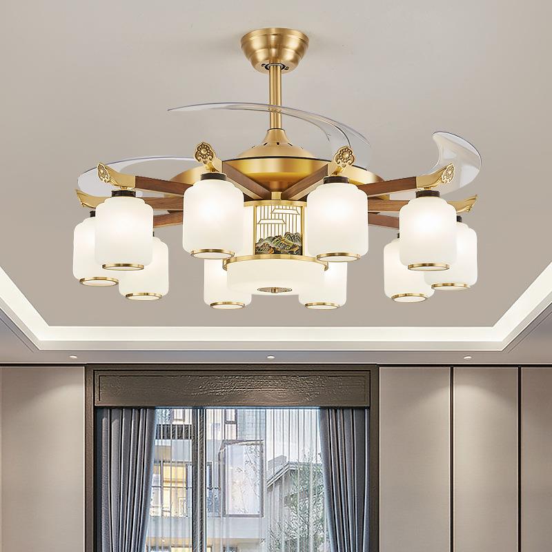 新中式全铜隐形风扇吊灯客厅现代中国风风扇灯餐厅卧室静音吊扇灯