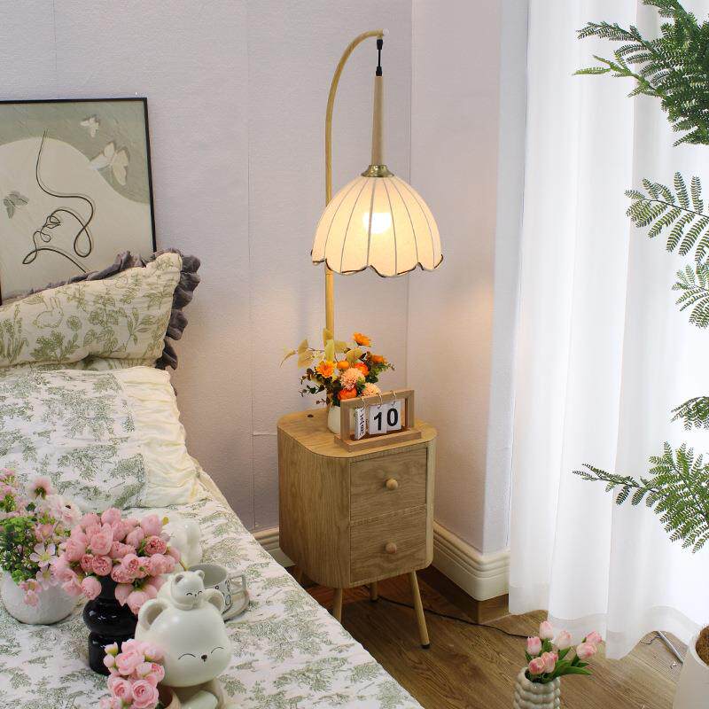 奶油风原木色落地灯客厅沙发边几置物架一体卧室床头柜氛围台灯