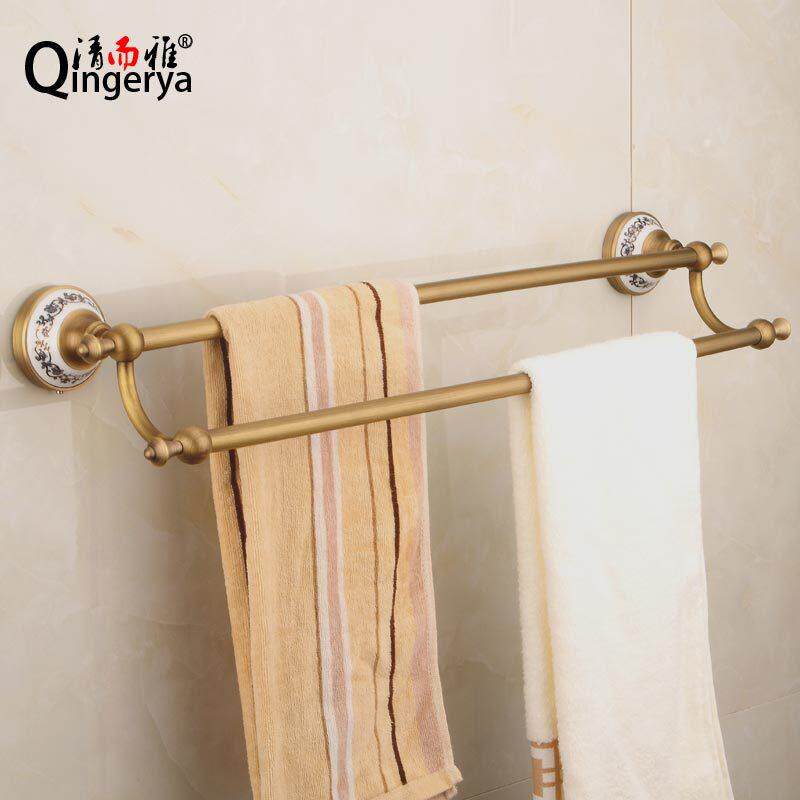 欧式全铜毛巾架仿古浴室挂件青花瓷毛巾杆双杆五金挂件