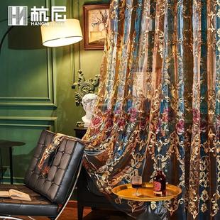 绣花透光窗帘纱跨境成品窗帘配纱轻奢纱帘复古提花镂空新款美式