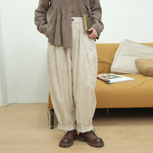 复古灯笼老爹裤 艺风谷春夏文艺刺绣提花松紧腰休闲棉麻裤 宽松垮裤