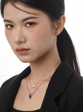 ears轻欧美简约项链大方重工S925纯银双层叠戴黑白珐琅女短款骨链