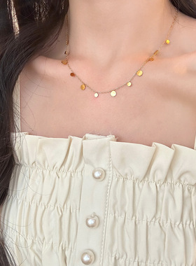 韩版轻奢小众设计甜美森系气质水滴圆片项链女清新百搭钛钢锁骨链