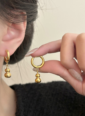 新中式简约葫芦耳环女气质百搭潮流福字耳圈耳扣饰品时尚不掉色