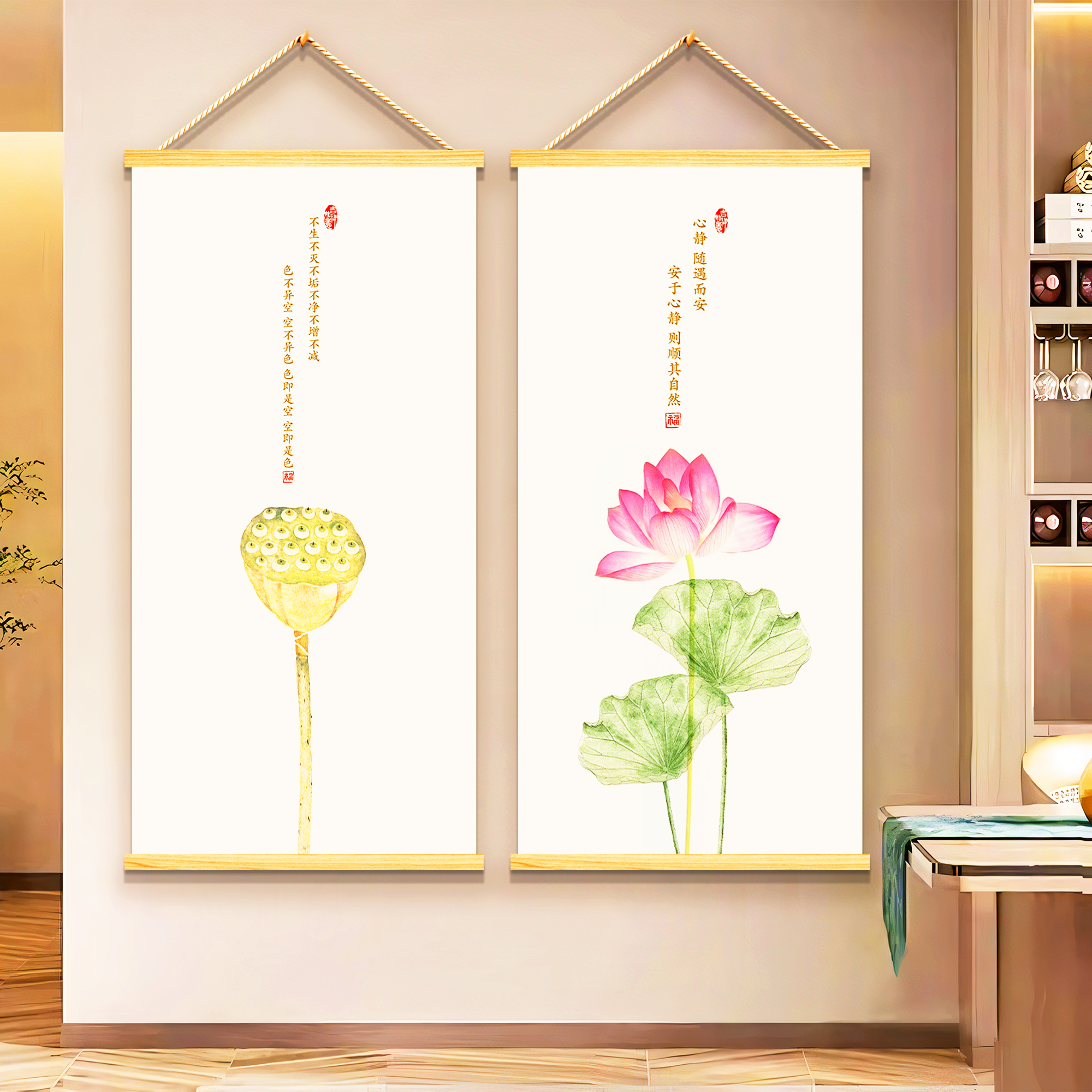 心经字画客厅装饰挂画荷花鲤鱼九鱼图入户玄关壁画茶室背景墙布置图片