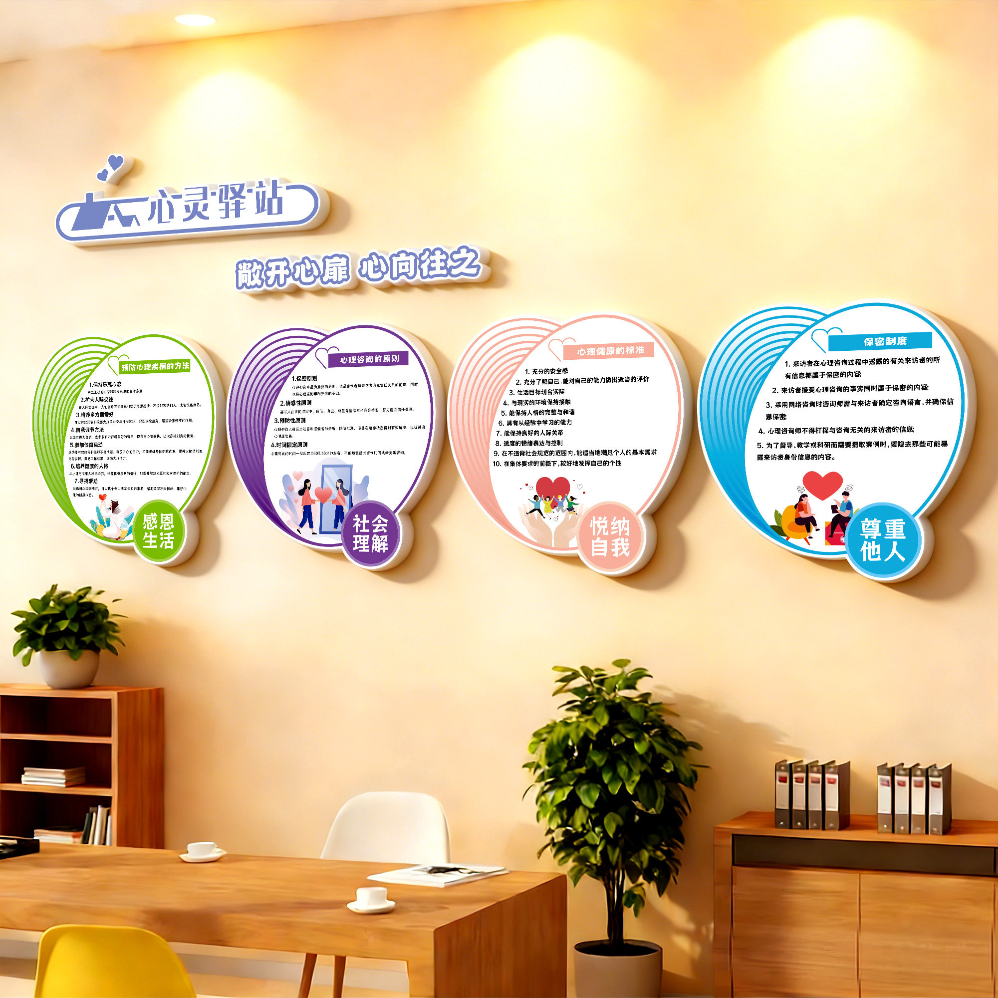 心理角健康咨询室布置挂图心灵驿站文化墙贴学校辅导室墙面装饰画