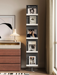 ?中古风杂志架镜实木书报架全身试衣镜一体落地报刊置物架旋转书