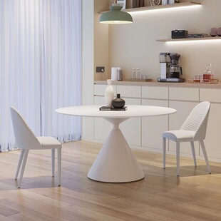 意式岩板餐桌简约纯白色圆桌家用圆形内嵌式转盘小户型饭桌德利丰