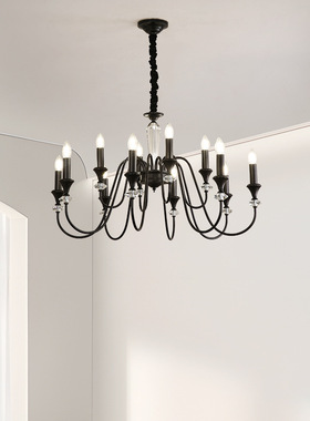 跨境供货黑色全铜美式复古水晶吊灯法式客厅感蜡烛书房主卧室灯具