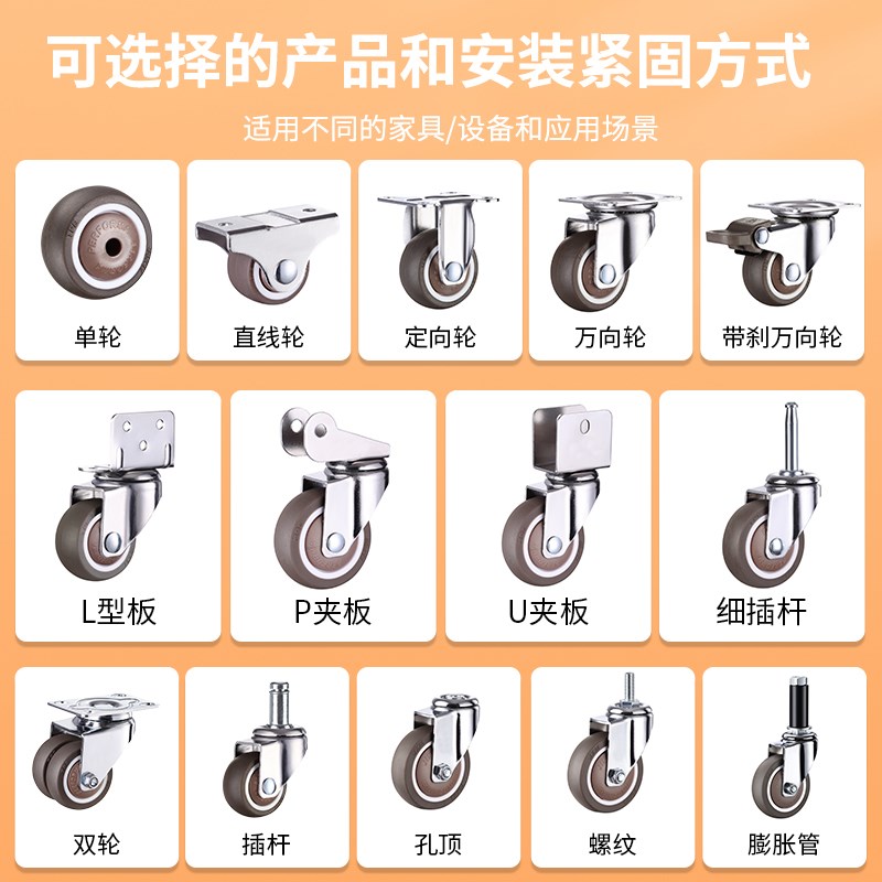 热销静音丝杆万向轮1/1.5/2/3寸M6M8M10M12带刹车W转向脚轮家具小