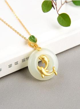 古风纯银古法金镶和田玉平安扣国潮玉石双鱼吊坠女复古锁骨项链