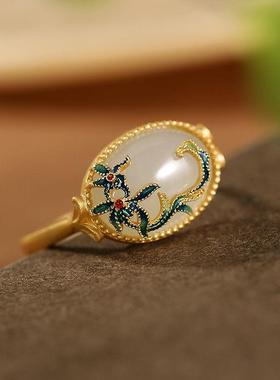 925银镀金花藤蛋面仿白玉髓复古珐琅彩民族风荷花气质女气质戒指
