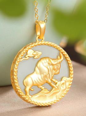 民族风天然和田玉生肖牛金牛吊坠金镶玉项链女纯银玉石玉坠送妈妈