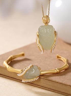 金蝉竹节纯银项链手镯女古法金小众设计高级感天然和田玉碧玉镯子