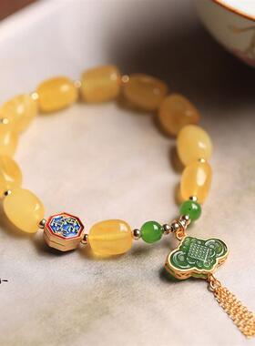 天然蜜蜡夏中国结流苏和田碧玉琥珀手链女士小众设计串珠手串手饰