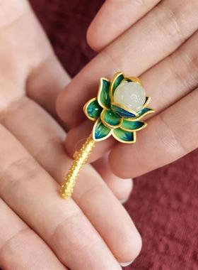 中国风珐琅荷花胸针项链戒指耳环女古风汉服西装气质毛衣外套装饰