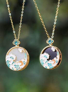 云亦海S925银镀金云海仿和田玉项链轻奢高级珐琅彩祥云吊坠锁骨链