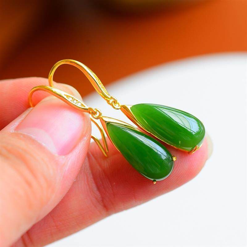 古风天然和田玉碧玉耳坠显脸小绿色水滴形耳环女纯银耳钩款耳环女