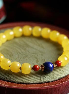 天然蜜蜡手串青金石南红圆珠个性手链鸡油黄飘白花俄料女饰品礼物