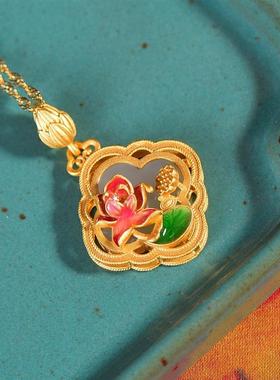 复古中国风荷花玉石吊坠银项链女旗袍饰品配饰古法金不掉色毛衣链