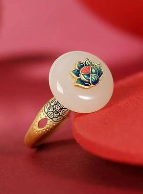 南海佛莲花和田玉S925银镀金景泰蓝戒指民族风莲花平安扣开口指环
