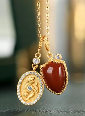 新中式天然南红玛瑙吊坠女圆形925纯银简约大牌玉石项链送人礼物