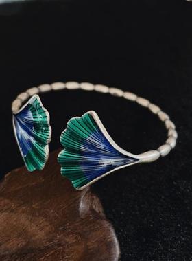 s925纯银珐琅民族风银杏叶手镯女时尚开口叶子手环文艺简约银镯子