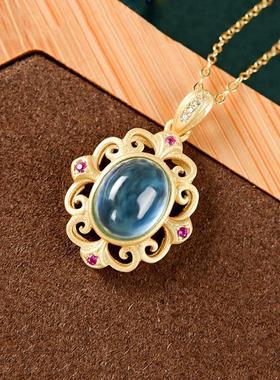 新中式蓝宝石古法金项链女秋冬毛衣链设计轻奢小众锁骨吊坠颈链潮