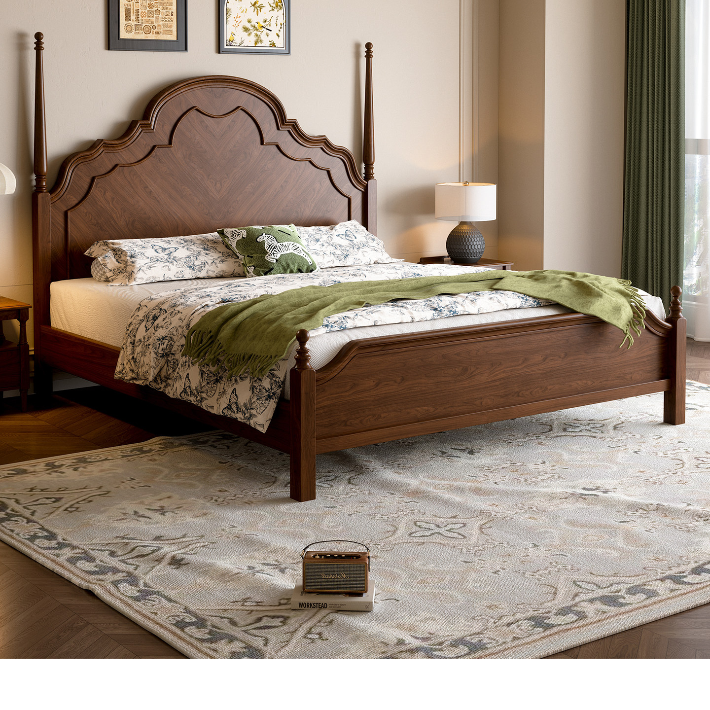 法式复古实木床1米8双人安娜床新款主卧室家用大床红橡木轻奢床架