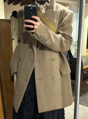 umawan赫g本风高级外套女羊毛人字纹中长款韩系加厚驼色西装外套