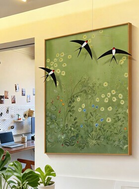 绿意 入户玄关装饰画中古风客厅卧室大白墙挂画花卉艺术挂画花卉