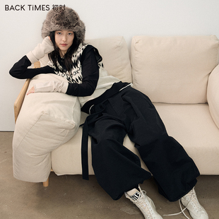 BACK TIMES两色新款百搭质感设计时髦感带腰带阔腿休闲长裤