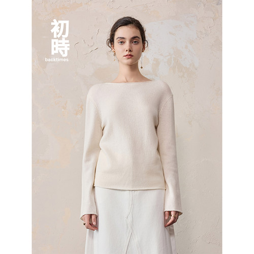 BACK TIMES新品羊毛混纺一字领羊绒混纺套头毛衫女内搭毛衫