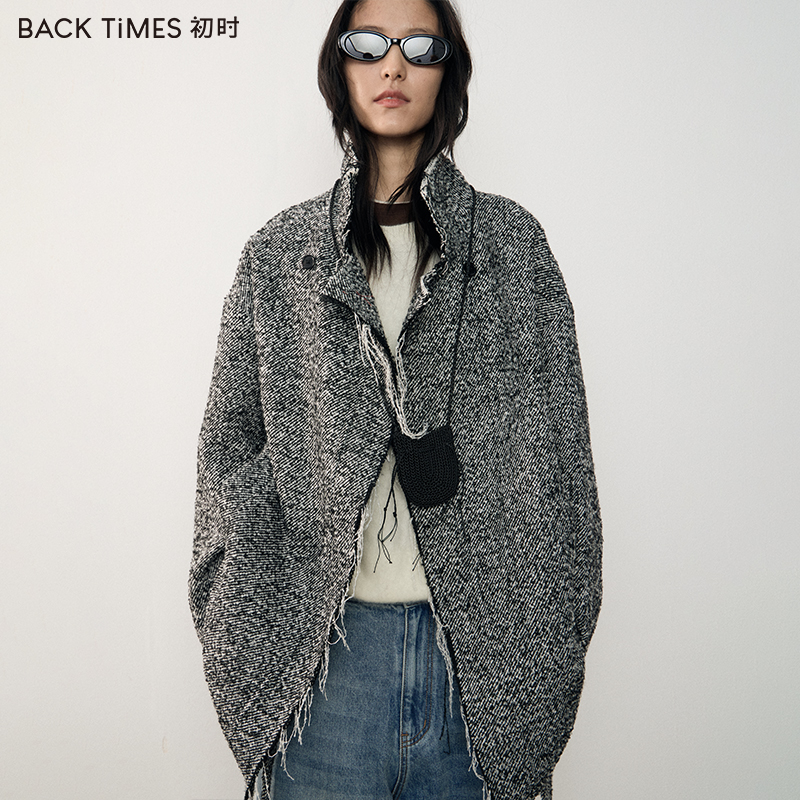 BACK TIMES初时 秋冬新款设计感毛边单面呢廓形翻领短外套