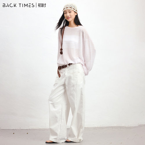 BACK TIMES夏季新品针织罩衫轻盈肌理条纹微透空气感毛织衫防晒衣