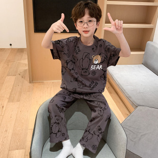全棉纯棉男童睡衣短袖长裤卡通儿童男孩中大童夏季薄款家居服休闲