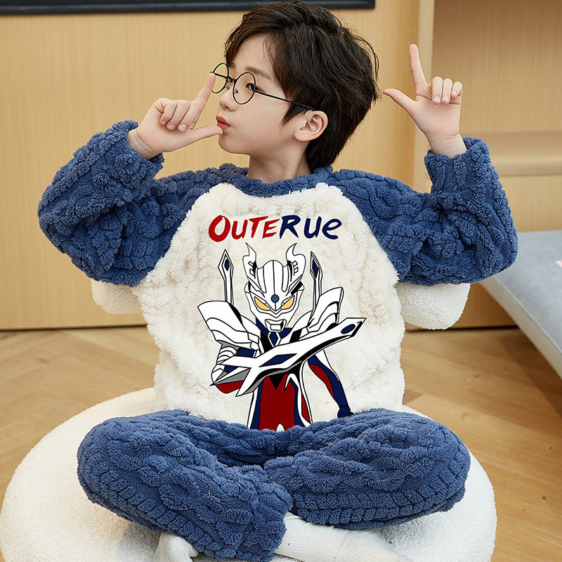 芬腾2025新款儿童睡衣男童秋冬款珊瑚绒加厚法兰绒小男孩中大童家