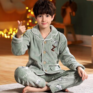 全棉纯棉男童睡衣珊瑚绒秋冬季男孩中大童加厚款小孩儿童家居服